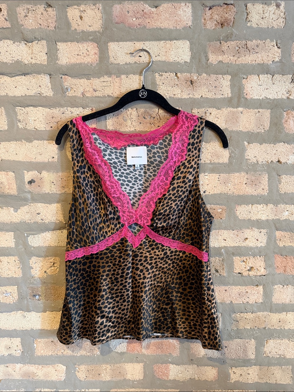 Reformation Leopard Print Camisole with Hot Pink Lace Trim